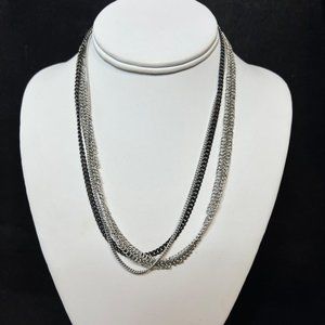 Triple Strand Silver Tone And Black Curb Chain And Chain Mail Necklace 18" (3746